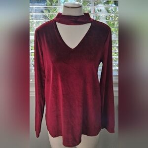 Scripted Dark Red Flame Velour Long Sleeve Holiday Top Sz L NWT